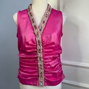 Y2K Vintage TADASHI Top‎ Ruched Beaded Sequins Metallic Hot Pink Women's Size 12